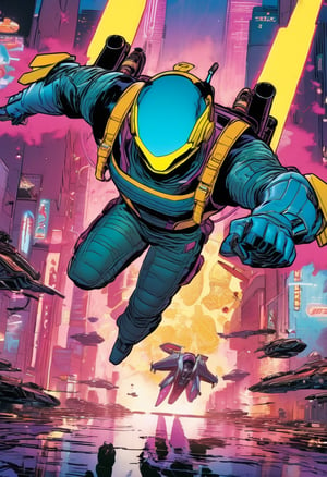 Anime artwork. Billy Campbell as The rocketter, jet pack, fish shaped helmet, retro futuristic, flying across a cyberpunk 2177 cityscapes, art by Dave Stevens