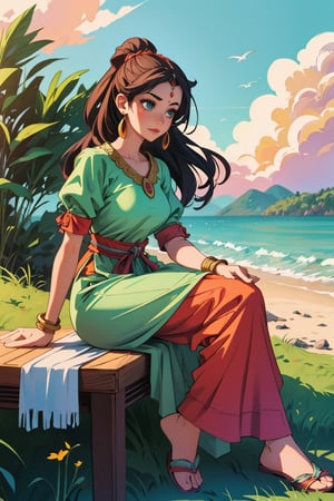 In this artistic portrayal, an Ancient Javanese goddess dons the regal garments of antiquity, sitting on floating along a coastal road bathed in golden sunlight, with the expanse of the Aegean South Beach Sea as her backdrop. The scene harmoniously blends epochs, fusing the grace of ancient Javanese with the power of modern. The image captures this temporal dance with vivid symbolism. Executed with profound attention to detail, it emerges as a true masterpiece, displaying hyper high definition, hyper high details, and hyper high resolution. The perspective is chosen to emphasize the seamless union of eras, creating a visual marvel akin to a Rangoli of historical imagination. (((Ancient Javanese))), (((classical attire))), (((green))), (((coastal road))), (((south beach Sea))), (((hyper high definition))), (((hyper high details))), (((hyper high resolution))), (((fusion of eras))), (((Rangoli)))",r1ge