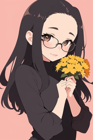 best quality,  masterpiece,  ultra high res,  RAW photo
1girl,   ,  solo,   ,  brown_eyes,  black_hair,  straight hair,  lips,  (forehead:1.3),  cute,  medium breasts,  plump,  petite,  loli,  glasses,   
,  closed mouth,  convergent strabismus,  bashful,  shy,  blushing,  (smile:0.6),  BREAK
morning,  Cheerfully greeting everyone,  colourful background,  Model shooting style

BREAK
(holding a bouquet of flower,  :1.3)

