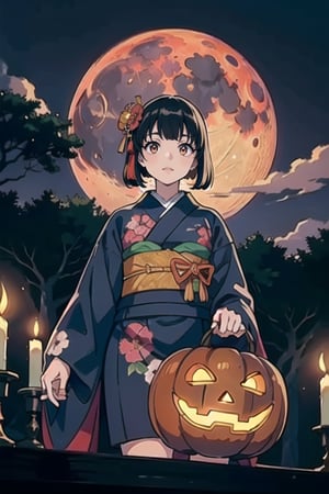 (masterpiece), best quality, expressive eyes, perfect face, 
((japanese Halloween style)),
((The sky is black and the moon is red)), ((crimson moon)),
A decaying Japanese temple,
The surrounding area is overgrown with dead and leafless trees.
With ((Higanbana)) and ((Hypericum perforatum)), you can't see the ground under your feet.
Here and there, there are decaying heads of human remains and Japanese candles are lit.
In the center stands a ((Japanese doll)) wearing ((a kimono with a dark floral pattern)) of ((a bobbed hair)) and holding a jack-o-lantern.
his eyes are glowing red,
The jack-o-lantern glows faintly, and its light illuminates the Japanese doll from below.