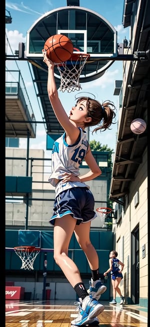 a girl playing basketball at the outdoor court,  look at the viewer,  slam dunk style, fine fingers