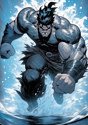 Full body shot, dark comic art style, bold ink line stroke, 1 strong man warrior crossing the shallow river, big detailed eyes, water splashing, highly detailed, sharp focus, depth of field, solo,