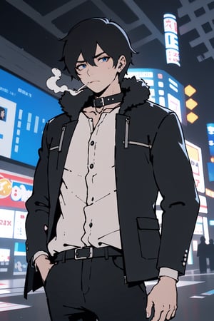 Guy with depression, smoking, sad expression, tired eyes, fur collar jacket, futuristic city, complex_background