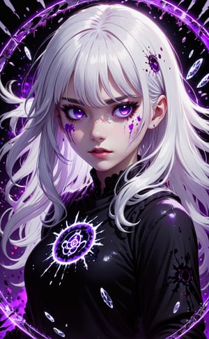 1girl,  white hair, purple eyes, bangs, blood splatter, swirling black light around the character, black light particles, broken glass, magic circle