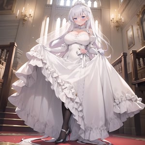 1girl, solo, masterpiece, best quality, colorful, ultrahighres, castle,

full body, earrings, tiaras, huge breast, long hair, lacetrimmed legwear, frilled sleeves, crew neck, brooch, tiaras, stiletto heels, legwear garter, white thighhighs, elbow gloves, 

blush, smile, Skirt lift, 

wedding_dress, Crinoline Dress, aabelfast, white dress, 