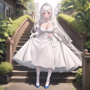 1girl, solo, masterpiece, best quality, colorful, ultrahighres, garden,

full body, earrings, tiaras, huge breast, long hair, lacetrimmed legwear, frilled sleeves, crew neck, brooch, tiaras, stiletto heels, legwear garter, white thighhighs, elbow gloves, 

blush, smile, 

wedding_dress, Crinoline Dress, aabelfast, white dress, 