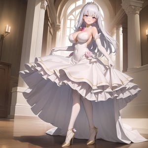 1girl, solo, masterpiece, best quality, colorful, ultrahighres, full body, Beautiful and delicate eyes, garden,

earrings, tiaras, huge breast, long hair, lacetrimmed legwear, frilled sleeves, crew neck, brooch, tiaras, stiletto heels, legwear garter, white thighhighs, elbow gloves, 

blush, seductive_smile, 

white dress, Bridal Dress, fodress,aabelfast,Crinoline Dress,WEDDING_DRESS,aakama