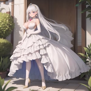 1girl, solo, masterpiece, best quality, colorful, ultrahighres, full body, Beautiful and delicate eyes, garden,

earrings, tiaras, huge breast, long hair, lacetrimmed legwear, frilled sleeves, crew neck, brooch, tiaras, stiletto heels, legwear garter, white thighhighs, elbow gloves, 

blush, seductive_smile, 

white dress, Bridal Dress, fodress,aabelfast,Crinoline Dress,WEDDING_DRESS,aakama