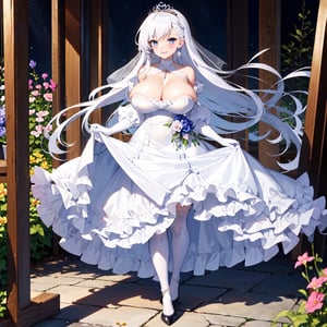 1girl, solo, masterpiece, best quality, colorful, ultrahighres, garden, flower,

full body, earrings, huge breast, very long hair, lacetrimmed legwear, frilled sleeves, crew neck, brooch, tiaras, stiletto heels, legwear garter, white thighhighs, elbow gloves, 

blush, smile, Skirt lift,

wedding dress, tiaras, white dress, 