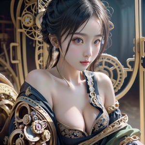 Steampunk, Analog Photography, Extremely Detailed, Surreal, Unreal Engine, Intricate Detail, Very Beautiful, Stunning, Intricate Detail, Surreal, Intricate Detail, Highly Detailed, Wide Depth of Field, Chinese Girl, Natural expression, clear hair, super delicate facial features,Fantasy background, fresh style,pretty and cute,boobs