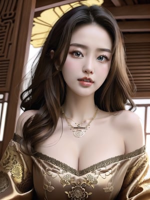 Steampunk, Analog Photography, (high-definition),(photo quality),Extremely Detailed, Surreal, Unreal Engine, Intricate Detail, Very Beautiful, Stunning, Intricate Detail, Surreal, Intricate Detail, Highly Detailed, Wide Depth of Field, 1 Chinese girl, Chinese style, bare shoulders, plump and well-proportioned figure,Smooth,long hair,little_cute_girl,Playful, big curly hair,Tsilk clothing,Teeth display incorrectly,Half-length photo,sexiness,Natural tooth structure,perfect teeth,zzenny_n,necklace