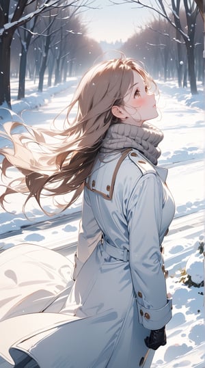 1lady standing, (looking up at the sky), /(stylish outfit, The Long Coat, muffler, Gloves/), mature female, /(brown hair, long hair/) bangs, blush (eyes sparkling with fascination), facing away, (masterpiece best quality:1.2) delicate illustration ultra-detailed BREAK (snow falling around her:1.2), outdoors