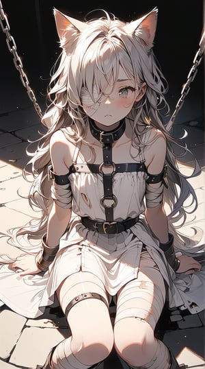 //quality, (masterpiece:1.3), (detailed), ((,best quality,)),//,1girl,solo,(cat_girl:1.4),slave,//,gray hair,messy_hair,long_hair,gray eye,(empty_eye:1.4),bandage over one eye,
,//,slave_restraints outfit,gray slave dress,(torn_clothes:1.2),bandages,bandaged_arms,bandaged_leg,//,blush,looking_above,//,dungeon,stone wall,(dark background:1.3), indoor , Europe Medieval, 
