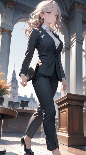 best quality, 8K, masterpiece, very detailed, ultra high resolution, highest resolution, very detailed face, very detailed eyes, complete anatomy, very detailed skin, female, ((business suit, black suit pants)), perfect body, wavy hair, walking posture, city hall, natural light