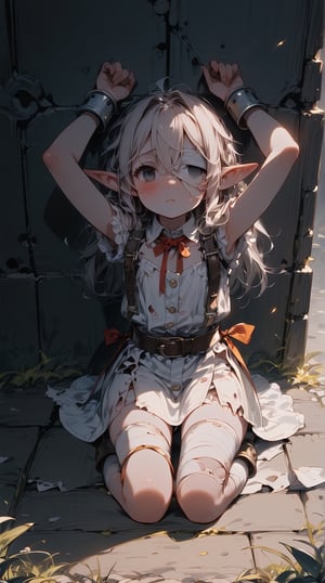 //quality, (masterpiece:1.3), (detailed), ((,best quality,)),//,1girl,solo,(loli:1.3),(elf:1.4),slave,//,gray hair,messy_hair,long_hair,gray eye,(empty_eye:1.4),bandage over one eye,
,//,slave_restraints outfit,gray slave dress,(torn_clothes:1.2),bandages,bandaged_arms,bandaged_leg,//,kneeling on ground,against_the_wall,(bounded:1.4),arms_above_head,//,blush,expressionless, looking_above, looking_at_viewer,//,dungeon,stone wall,torch on the wall,(dark background:1.3), indoor , Europe Medieval, straight-on,from_above,pov