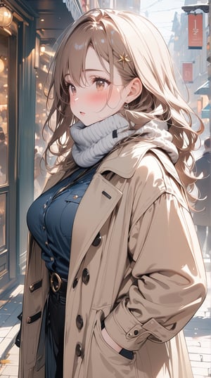 1lady standing, /(stylish outfit, beige long Coat, muffler, Gloves/), mature female, /(brown hair, long hair/) bangs, blush (eyes sparkling with fascination), (masterpiece,best quality:1.2), delicate illustration ultra-detailed, main street