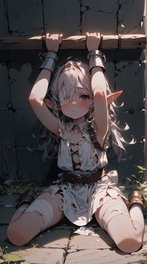 //quality, (masterpiece:1.3), (detailed), ((,best quality,)),//,1girl,solo,(loli:1.3),(elf:1.4),slave,//,gray hair,messy_hair,long_hair,gray eye,(empty_eye:1.4),bandage over one eye,
,//,slave_restraints outfit,gray slave dress,(torn_clothes:1.2),bandages,bandaged_arms,bandaged_leg,//,kneeling on ground,against_the_wall,(bounded:1.4),arms_above_head,//,blush,expressionless, looking_above, looking_at_viewer,//,dungeon,stone wall,torch on the wall,(dark background:1.3), indoor , Europe Medieval, straight-on,from_above,pov