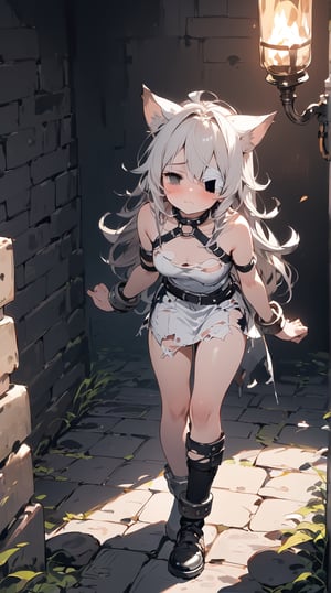 //quality, (masterpiece:1.3), (detailed), ((,best quality,)),//,1girl,solo,(cat_girl:1.4),slave,//,gray hair,messy_hair,long_hair,gray eye,(empty_eye:1.4),bandage over one eye,
,//,slave_restraints outfit,gray slave dress,(torn_clothes:1.2),bandages,bandaged_arms,bandaged_leg,//,blush,looking_above,//,dungeon,stone wall,torch on the wall,(dark background:1.3), indoor , Europe Medieval, 