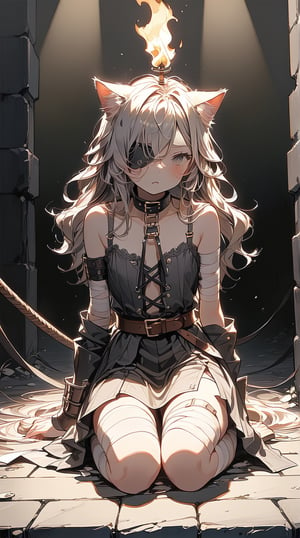 //quality, (masterpiece:1.3), (detailed), ((,best quality,)),//,1girl,solo,(cat_girl:1.4),slave,//,gray hair,messy_hair,long_hair,gray eye,(empty_eye:1.4),bandage over one eye,
,//,slave_restraints outfit,gray slave dress,(torn_clothes:1.2),bandages,bandaged_arms,bandaged_leg,//,blush,looking_above,//,dungeon,stone wall,torch on the wall,(dark background:1.3), indoor , Europe Medieval, 