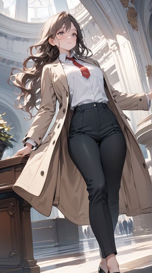 ((masterpiece)), ((best quality)), (detailed), ((high resolution)), ((Extremely detailed CG unified 8k wallpaper)), very detailed, ultra high resolution, highest resolution, very detailed face, very detailed eyes, complete anatomy, very detailed skin, female, solo, ((business suit, black suit pants)), (Wearing a beige long coat over a black suit), perfect body, wavy hair, very long hair, walking posture, city hall, natural light,