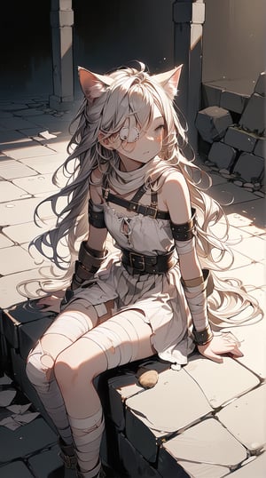 //quality, (masterpiece:1.3), (detailed), ((,best quality,)),//,1girl,solo,(cat_girl:1.4),slave,//,gray hair,messy_hair,long_hair,gray eye,(empty_eye:1.4),bandage over one eye,
,//,slave_restraints outfit,gray slave dress,(torn_clothes:1.2),bandages,bandaged_arms,bandaged_leg,//,blush,looking_above,//,dungeon,stone wall,(dark background:1.3), indoor , Europe Medieval, 