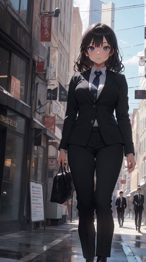 best quality, 8K, masterpiece, very detailed, ultra high resolution, highest resolution, very detailed face, very detailed eyes, complete anatomy, very detailed skin, female, ((business suit, black suit pants)), perfect body, wavy hair, walking posture, city hall, natural light,breakdomain