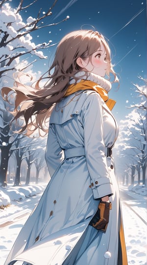 1lady standing, (looking up at the sky), /(stylish outfit, The Long Coat, muffler, Gloves/), mature female, /(brown hair, long hair/) bangs, blush (eyes sparkling with fascination), facing away, (masterpiece best quality:1.2) delicate illustration ultra-detailed BREAK (snow falling around her:1.2), outdoors