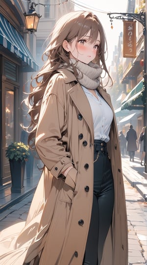 1lady standing, /(stylish outfit, The Long Coat, muffler, Gloves/), mature female, /(brown hair, long hair/) bangs, blush (eyes sparkling with fascination), (masterpiece,best quality:1.2), delicate illustration ultra-detailed, main street