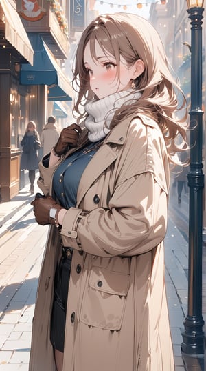 1lady standing, /(stylish outfit, beige long Coat, muffler, Gloves/), mature female, /(brown hair, long hair/) bangs, blush (eyes sparkling with fascination), (masterpiece,best quality:1.2), delicate illustration ultra-detailed, main street