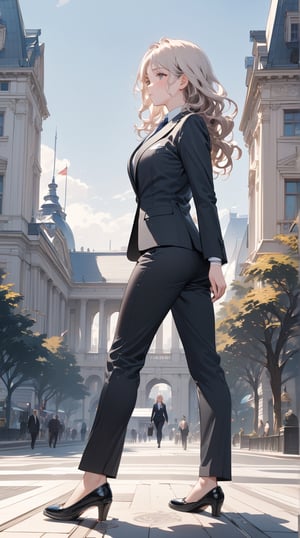 ((masterpiece)), ((best quality)), (detailed), ((high resolution)), ((Extremely detailed CG unified 8k wallpaper)), very detailed, ultra high resolution, highest resolution, very detailed face, very detailed eyes, complete anatomy, very detailed skin, female, solo, ((business suit, black suit pants)), perfect body, wavy hair, walking posture, city hall, natural light,