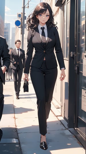 best quality, 8K, masterpiece, very detailed, ultra high resolution, highest resolution, very detailed face, very detailed eyes, complete anatomy, very detailed skin, female, ((business suit, black suit pants)), perfect body, wavy hair, walking posture, city hall, natural light