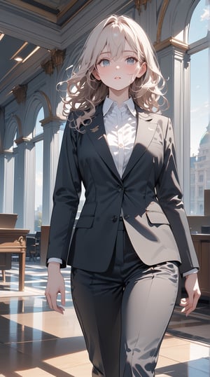 best quality, 8K, masterpiece, very detailed, ultra high resolution, highest resolution, very detailed face, very detailed eyes, complete anatomy, very detailed skin, female, ((business suit, black suit pants)), perfect body, wavy hair, walking posture, city hall, natural light