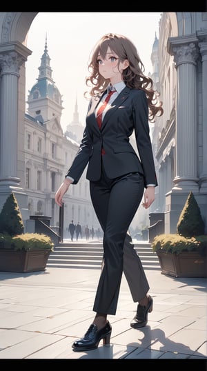((masterpiece)), ((best quality)), (detailed), ((high resolution)), ((Extremely detailed CG unified 8k wallpaper)), very detailed, ultra high resolution, highest resolution, very detailed face, very detailed eyes, complete anatomy, very detailed skin, female, solo, ((business suit, black suit pants)), perfect body, wavy hair, walking posture, city hall, natural light,