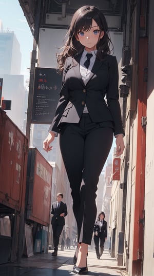 best quality, 8K, masterpiece, very detailed, ultra high resolution, highest resolution, very detailed face, very detailed eyes, complete anatomy, very detailed skin, female, ((business suit, black suit pants)), perfect body, wavy hair, walking posture, city hall, natural light,breakdomain