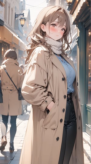 1lady standing, /(stylish outfit, beige long Coat, muffler, Gloves/), mature female, /(brown hair, long hair/) bangs, blush (eyes sparkling with fascination), (masterpiece,best quality:1.2), delicate illustration ultra-detailed, main street