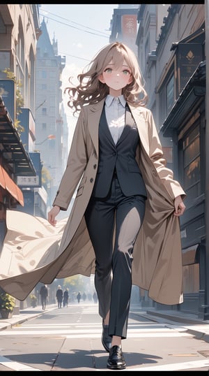 ((masterpiece)), ((best quality)), (detailed), ((high resolution)), ((Extremely detailed CG unified 8k wallpaper)), very detailed, ultra high resolution, highest resolution, very detailed face, very detailed eyes, complete anatomy, very detailed skin, female, solo, ((business suit, black suit pants)), (Wearing a beige long coat over a black suit), perfect body, wavy hair, walking posture, city hall, natural light,