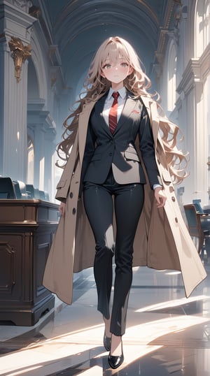 ((masterpiece)), ((best quality)), (detailed), ((high resolution)), ((Extremely detailed CG unified 8k wallpaper)), very detailed, ultra high resolution, highest resolution, very detailed face, very detailed eyes, complete anatomy, very detailed skin, female, solo, ((business suit, black suit pants)), (Wearing a beige long coat over a black suit), perfect body, wavy hair, very long hair, walking posture, city hall, natural light,