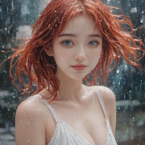 A water color of close up model's face, Red hair and blue eyes, raindrops as foreground, a wet look, small smile, white dress, anime art, long hair, fickle face, perfect full body, huge breast,  nipples, white panties, perfect anatomy, wet to wet background technique by Misilbu. hyper 8K detailed painting, 8k resolution concept art portrait by Greg Rutkowski Artgerm WLOP Alphonse Beeple Caravaggio, muted colors, watercolor style, bokeh, lens f1.0,b3rli