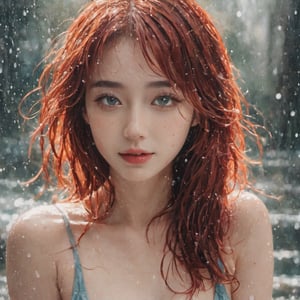 A water color of model's face, Red hair and blue eyes, raindrops as foreground, a wet look, small smile, naked, anime art, long hair, fickle face, perfect full body, huge breast, perfect woman body shape, ipples, white panties, perfect anatomy, wet to wet background technique by Misilbu. hyper 8K detailed painting, 8k resolution concept art portrait by Greg Rutkowski Artgerm WLOP Alphonse Beeple Caravaggio, muted colors, watercolor style, bokeh, lens f1.0,b3rli