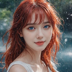 A water color of close up model's face, Red hair and blue eyes, raindrops as foreground, a wet look, small smile, white dress, anime art, long hair, fickle face, perfect anatomy, wet to wet background technique by Misilbu. hyper 8K detailed painting, 8k resolution concept art portrait by Greg Rutkowski Artgerm WLOP Alphonse Beeple Caravaggio, muted colors, watercolor style, bokeh, lens f1.0,b3rli