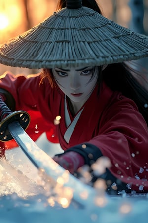 Create a dynamic close-up portrait of a samurai woman in a kimono, broad sedge hat, caught mid-action as she executes a powerful katana strike. The focus is on her intense expression, with sharp, determined eyes partially visible under the shadow of her hat. The katana slices through the icy ground in front of her, sending shards of ice flying in all directions, some of them disintegrating from the sheer force. Her red armor glows subtly in the light of the setting sun, with rays piercing through the ice forest behind her. Her billowing linen cape, frozen in motion, adds a sense of drama. The depth of field should blur the background slightly, emphasizing the photorealistic details of her face, the intricate design of her armor, and the sharpness of the katana. The scene should have a fantasy feel, blending realism with anime-inspired aesthetics, highlighting the beauty and power of the samurai woman.,noir ,sad