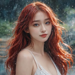 A water color of close up model's face, Red hair and blue eyes, raindrops as foreground, a wet look, small smile, white dress, anime art, long hair, fickle face, perfect full body, big breast, perfect anatomy, wet to wet background technique by Misilbu. hyper 8K detailed painting, 8k resolution concept art portrait by Greg Rutkowski Artgerm WLOP Alphonse Beeple Caravaggio, muted colors, watercolor style, bokeh, lens f1.0,b3rli