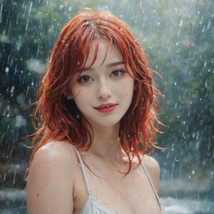 A water color of model's face, Red hair and blue eyes, raindrops as foreground, a wet look, small smile, naked, anime art, long hair, fickle face, perfect full body, huge breast, perfect woman body shape, ipples, white panties, perfect anatomy, wet to wet background technique by Misilbu. hyper 8K detailed painting, 8k resolution concept art portrait by Greg Rutkowski Artgerm WLOP Alphonse Beeple Caravaggio, muted colors, watercolor style, bokeh, lens f1.0,b3rli