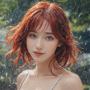 A water color of model's face, Red hair and blue eyes, raindrops as foreground, a wet look, small smile, naked, anime art, long hair, fickle face, perfect full body, huge breast, perfect woman body shape, ipples, white panties, perfect anatomy, wet to wet background technique by Misilbu. hyper 8K detailed painting, 8k resolution concept art portrait by Greg Rutkowski Artgerm WLOP Alphonse Beeple Caravaggio, muted colors, watercolor style, bokeh, lens f1.0,b3rli