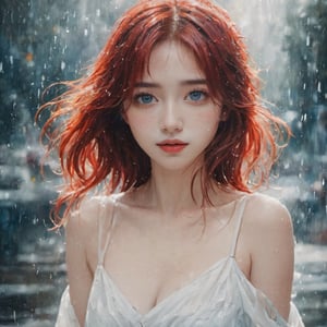 A water color of close up model's face, Red hair and blue eyes, raindrops as foreground, a wet look, small smile, white dress, anime art, long hair, fickle face, perfect full body, big breast, perfect anatomy, wet to wet background technique by Misilbu. hyper 8K detailed painting, 8k resolution concept art portrait by Greg Rutkowski Artgerm WLOP Alphonse Beeple Caravaggio, muted colors, watercolor style, bokeh, lens f1.0,b3rli