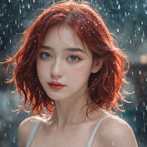 A water color of close up model's face, Red hair and blue eyes, raindrops as foreground, a wet look, small smile, white dress, anime art, long hair, fickle face, perfect full body, huge breast,  nipples, perfect anatomy, wet to wet background technique by Misilbu. hyper 8K detailed painting, 8k resolution concept art portrait by Greg Rutkowski Artgerm WLOP Alphonse Beeple Caravaggio, muted colors, watercolor style, bokeh, lens f1.0,b3rli