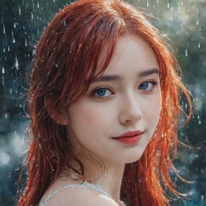 A water color of close up model's face, Red hair and blue eyes, raindrops as foreground, a wet look, small smile, white dress, anime art, long hair, fickle face, upper body, perfect anatomy, wet to wet background technique by Misilbu. hyper 8K detailed painting, 8k resolution concept art portrait by Greg Rutkowski Artgerm WLOP Alphonse Beeple Caravaggio, muted colors, watercolor style, bokeh, lens f1.0,b3rli