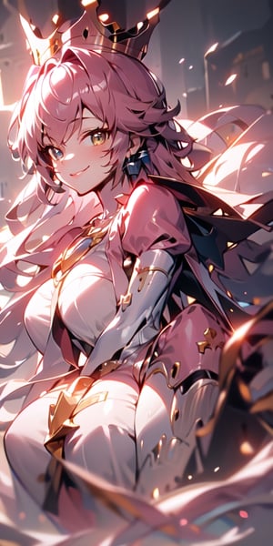 Peach_SMP,  masterpiece, best quality, highres, pch, pink dress, brooch, puffy sleeves, short sleeves, smile, elbow gloves, earrings, crown, outside of castle, large breasts, upper body, close-up, ,pgr_luna,mecha