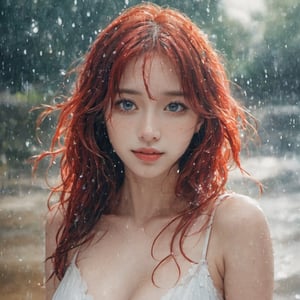 A water color of model's face, Red hair and blue eyes, raindrops as foreground, a wet look, small smile, white dress, anime art, long hair, fickle face, perfect full body, huge breast, perfect woman body shape, ipples, white panties, perfect anatomy, wet to wet background technique by Misilbu. hyper 8K detailed painting, 8k resolution concept art portrait by Greg Rutkowski Artgerm WLOP Alphonse Beeple Caravaggio, muted colors, watercolor style, bokeh, lens f1.0,b3rli