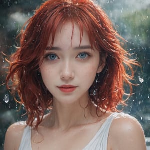 A water color of close up model's face, Red hair and blue eyes, raindrops as foreground, a wet look, small smile, white dress, anime art, long hair, fickle face, perfect full body, big breast, pimky nipples, perfect anatomy, wet to wet background technique by Misilbu. hyper 8K detailed painting, 8k resolution concept art portrait by Greg Rutkowski Artgerm WLOP Alphonse Beeple Caravaggio, muted colors, watercolor style, bokeh, lens f1.0,b3rli